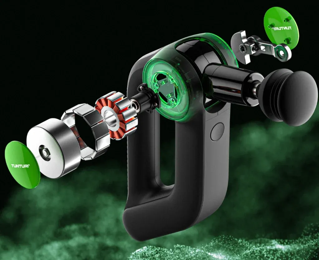 3D exploded view rendering of a massage gun showing internal motor components, gears, and hardware against a dark green textured background.