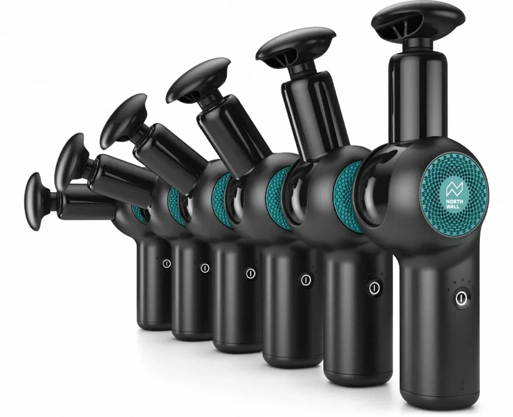 3D product render showing a sequence of a North Wall massage gun with its adjustable head rotating through multiple positions on a white background.