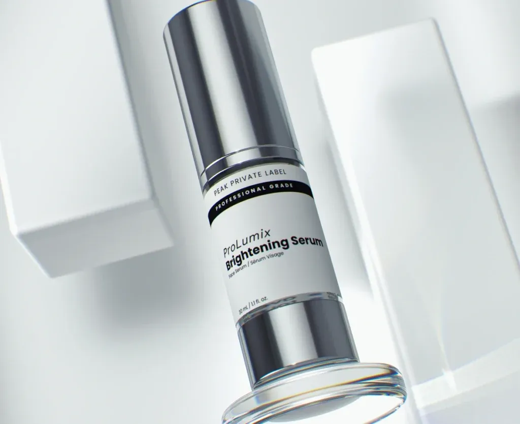 Photorealistic 3D product rendering of a ProLumix Brightening Serum bottle with chrome and glass finishes on a minimalist white geometric background.