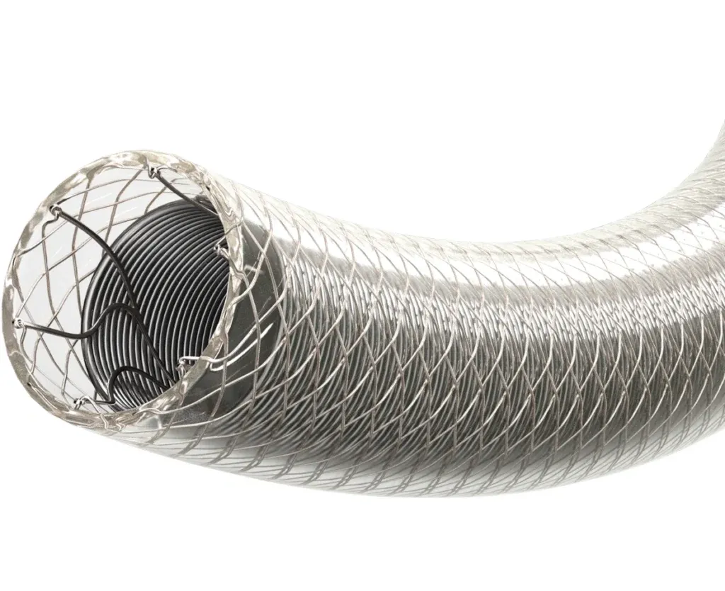 igh-precision 3D medical rendering of a reinforced catheter tube showing intricate metal braiding and transparent polymer layers.