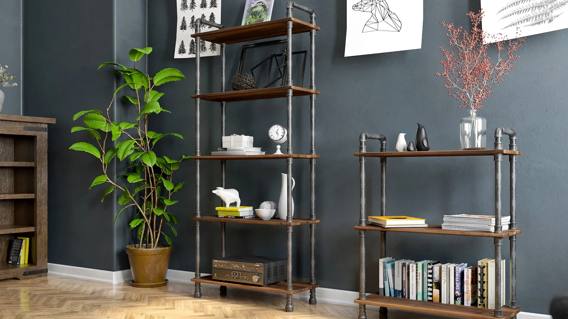 Photorealistic 3D interior rendering of industrial-style shelving units made of wood and metal pipes in a modern living room setting