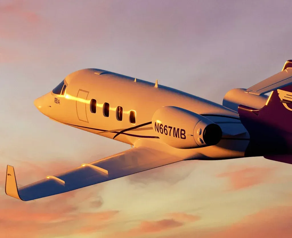 Cinematic 3D product rendering of a private jet in flight during sunset, highlighting realistic lighting and aerospace design.