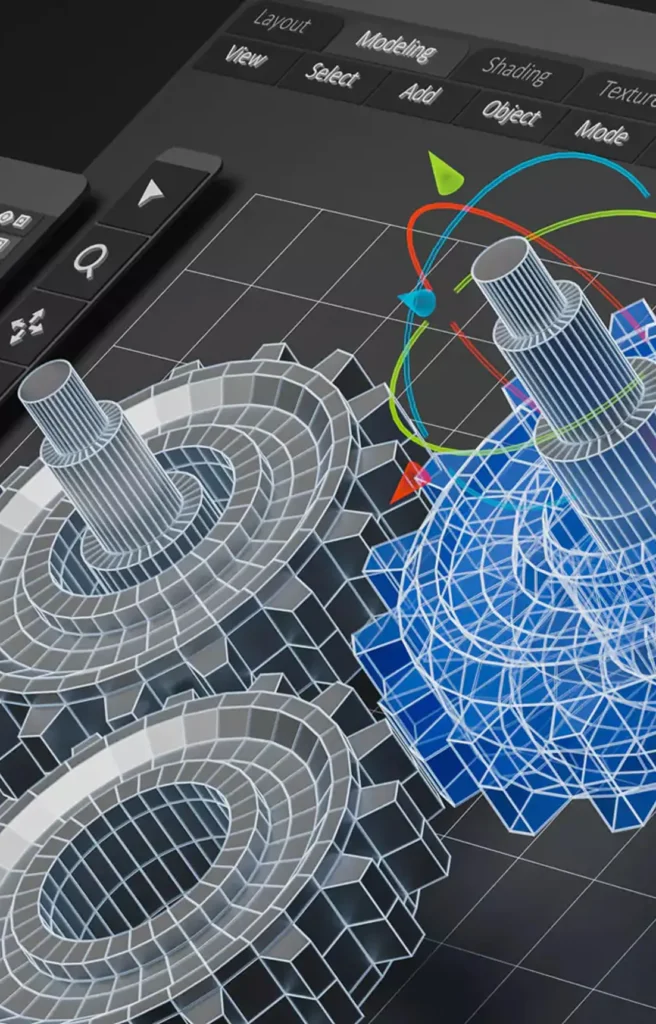 3D modeling software showing wireframe gears and mechanical parts in a CAD interface.