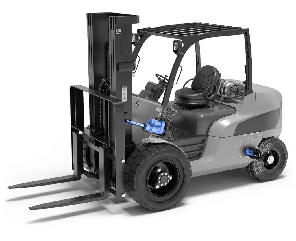 3D technical rendering of a forklift featuring an x-ray view of internal mechanical components and wireframe overlays.