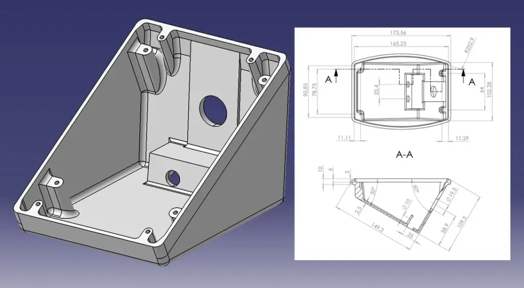 A dual-pane image showing a 3D CAD model of a wedge-shaped industrial enclosure on the left, and a detailed 2D engineering technical drawing with dimensions and cross-section A-A on the right.