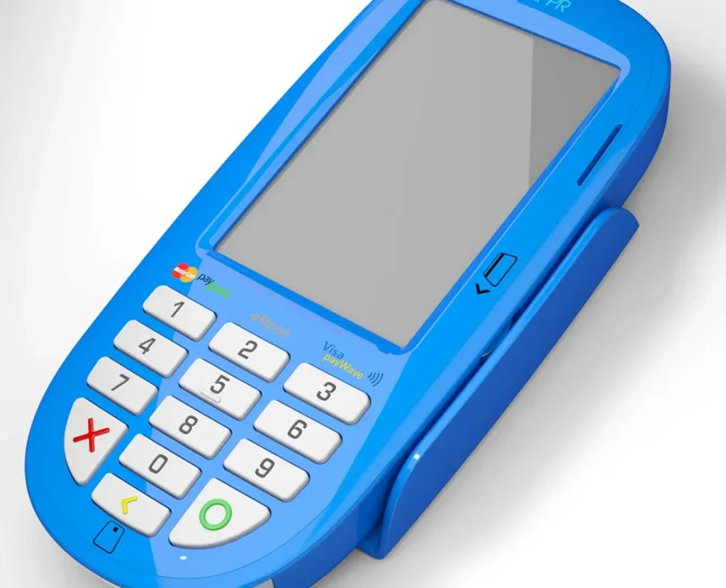 A blue handheld mobile point-of-sale terminal featuring a tactile keypad, digital screen, and integrated card swiping mechanism, shown alongside technical orthographic drawings and material specifications.