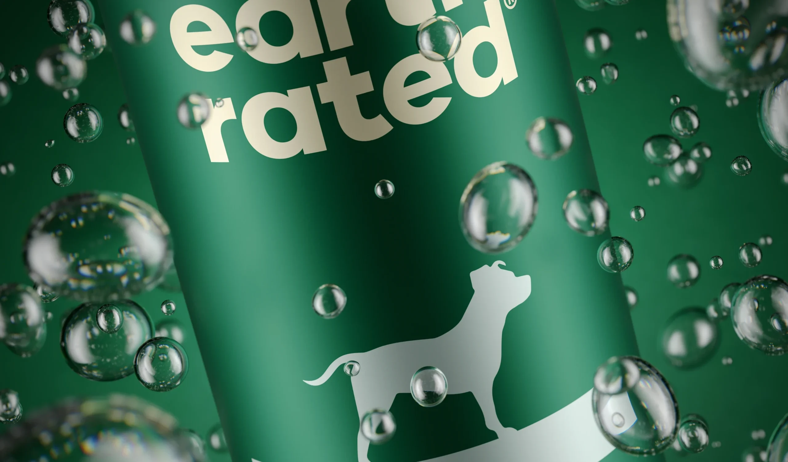 Close-up 3D product rendering of Earth Rated pet packaging with photorealistic water droplets and cinematic lighting.