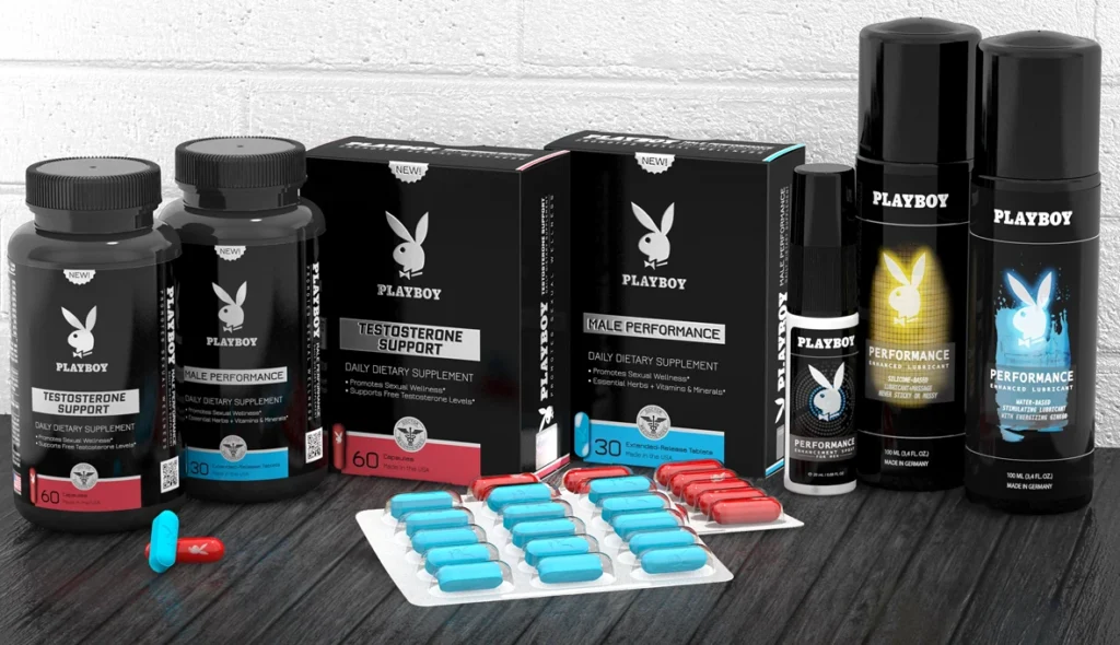 Photorealistic 3D packaging rendering for Playboy brand supplements and performance sprays on a dark wood surface.