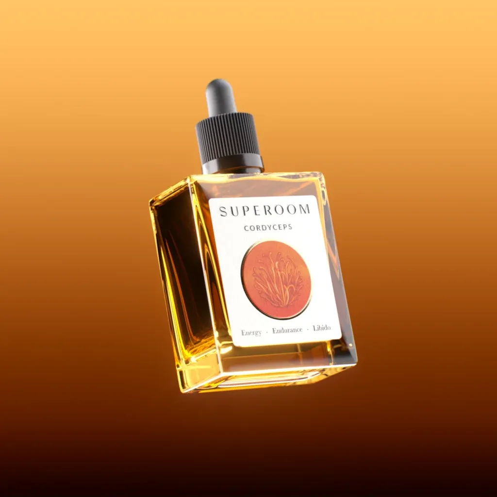 High-end 3D rendering packaging services showing a glass dropper bottle for Superoom Cordyceps with amber liquid and realistic glass reflections.