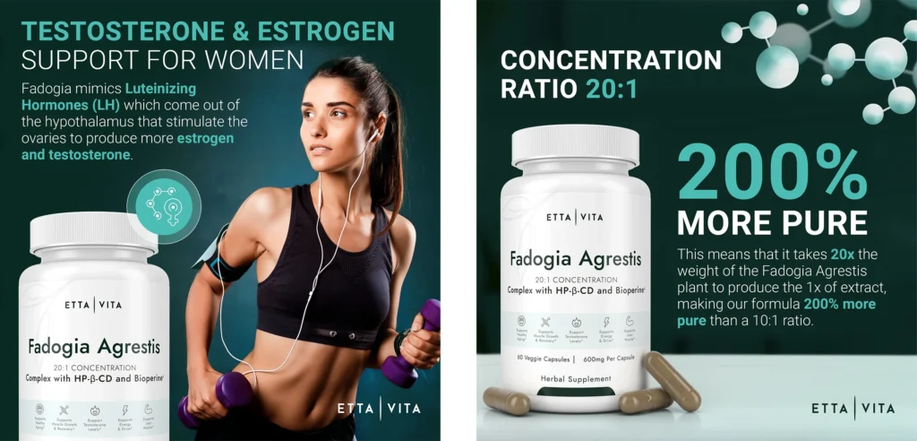 Educational Amazon listing graphics for Etta Vita Fadogia Agrestis featuring a woman working out and a technical breakdown of the 20:1 concentration ratio.