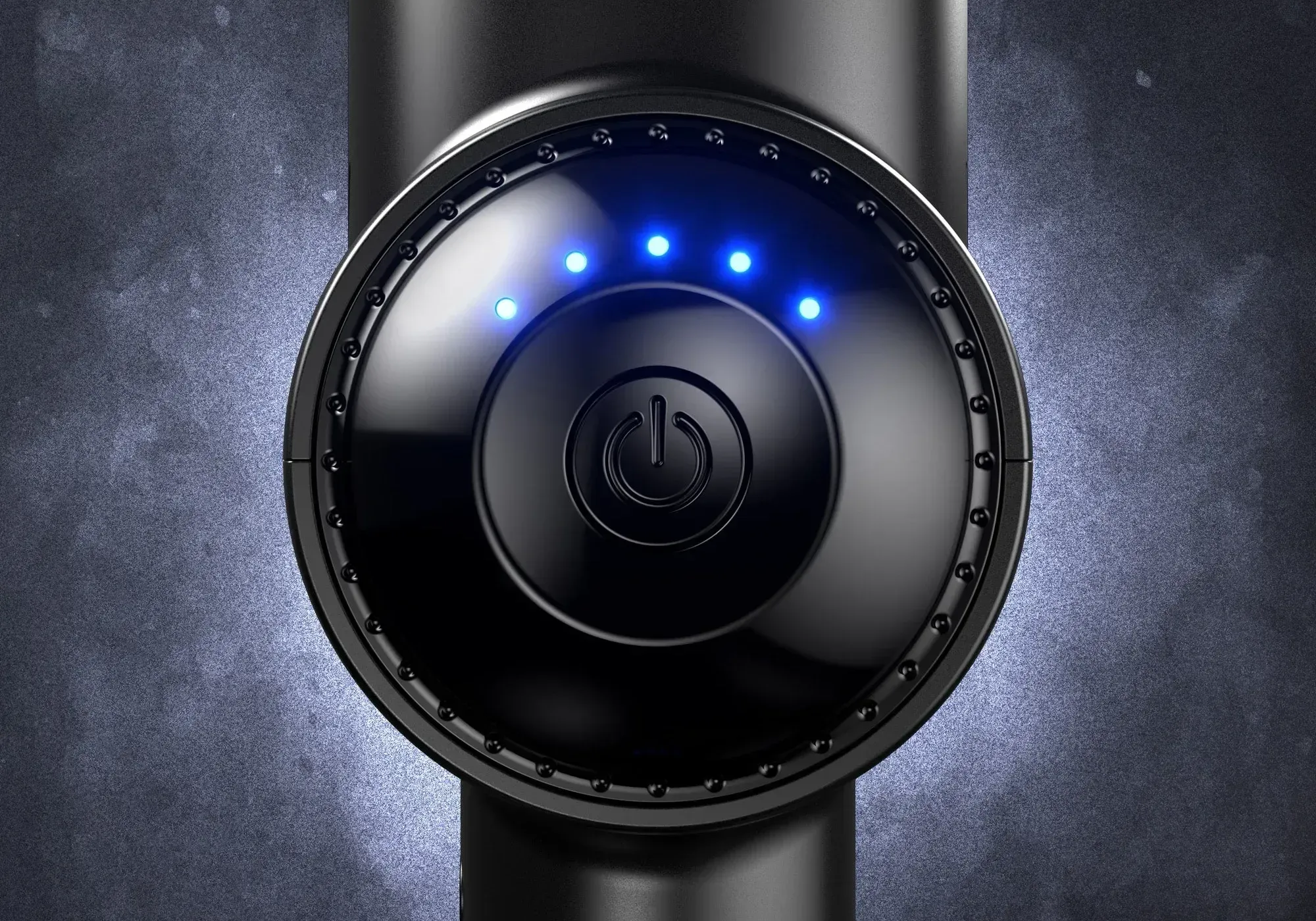 Close-up 3D render of a massage gun control panel featuring a power button and blue LED speed indicator lights.