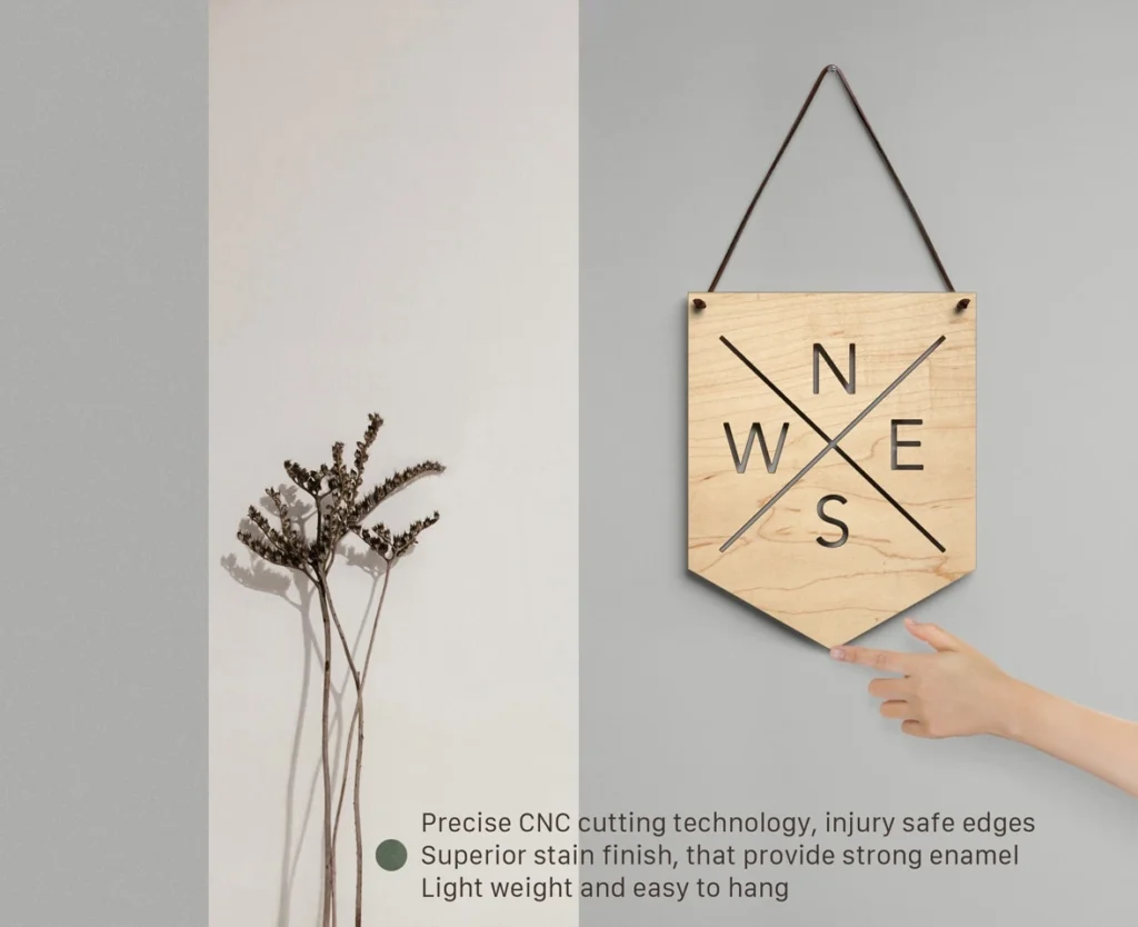 A 3D product feature infographic for a wooden compass wall hanging, showing a hand touching the smooth CNC-cut edge alongside text highlighting superior finish and lightweight design.