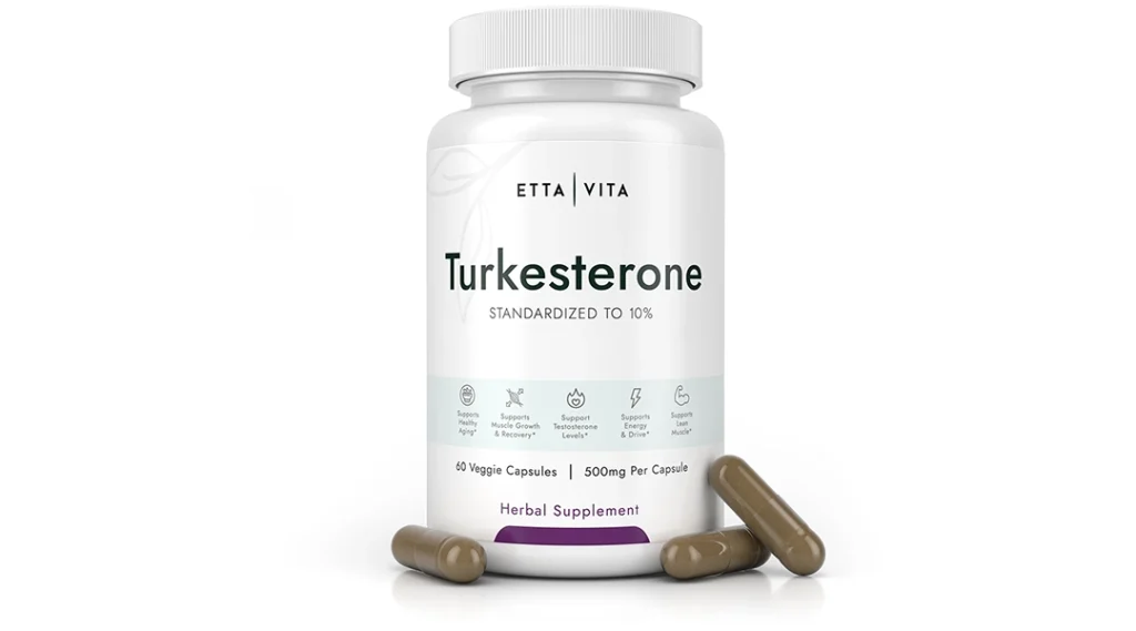 High-resolution 3D render of Etta Vita Turkesterone supplement bottle with realistic capsules on a white reflective surface.
