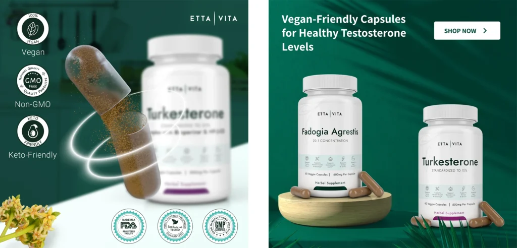 Etta Vita product showcase for Turkesterone and Fadogia Agrestis capsules with Vegan, Non-GMO, and Keto-Friendly icons.
