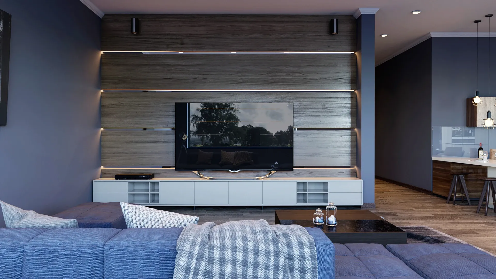A photorealistic 3D architectural rendering of a modern living room featuring a wood-paneled feature wall with integrated LED lighting, a sleek media console, and a contemporary blue sofa.