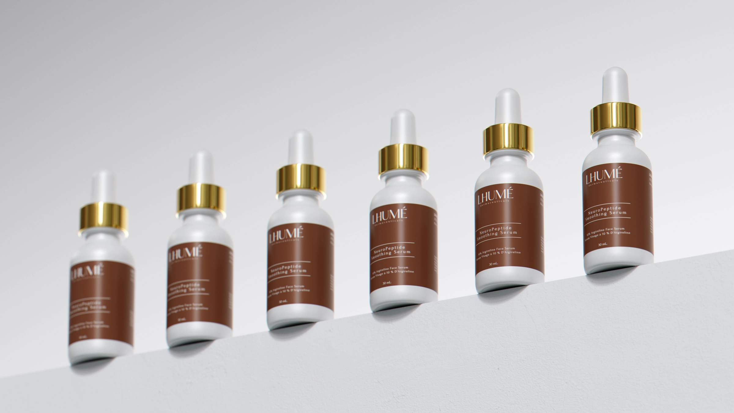 Sleek packaging 3d rendering of LHUMÉ serum bottles with white glass and gold dropper caps arranged on a clean white ledge.