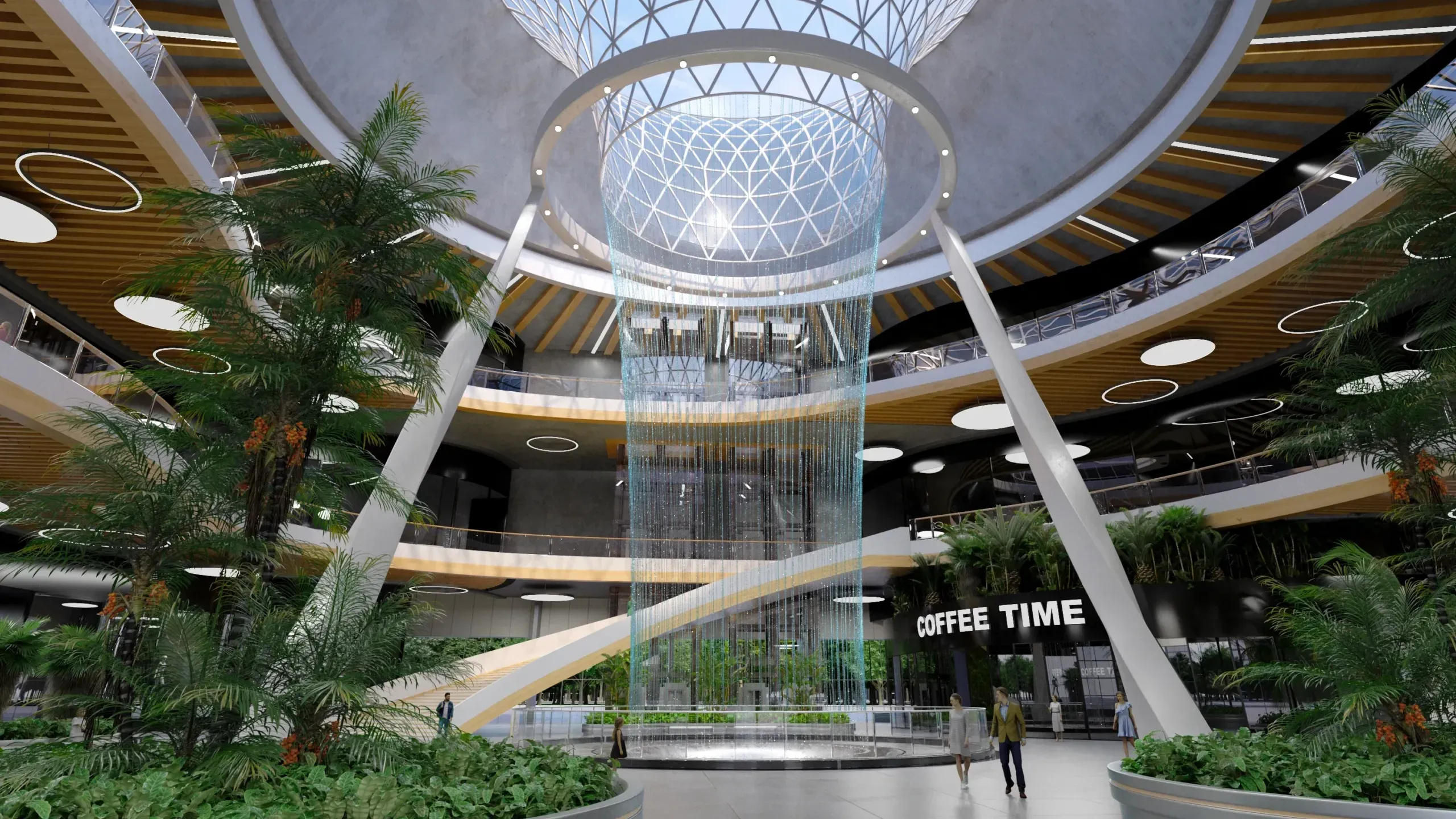 A high-quality photorealistic 3D architectural rendering of a modern commercial interior featuring a large central water feature, glass dome ceiling, and lush indoor greenery.
