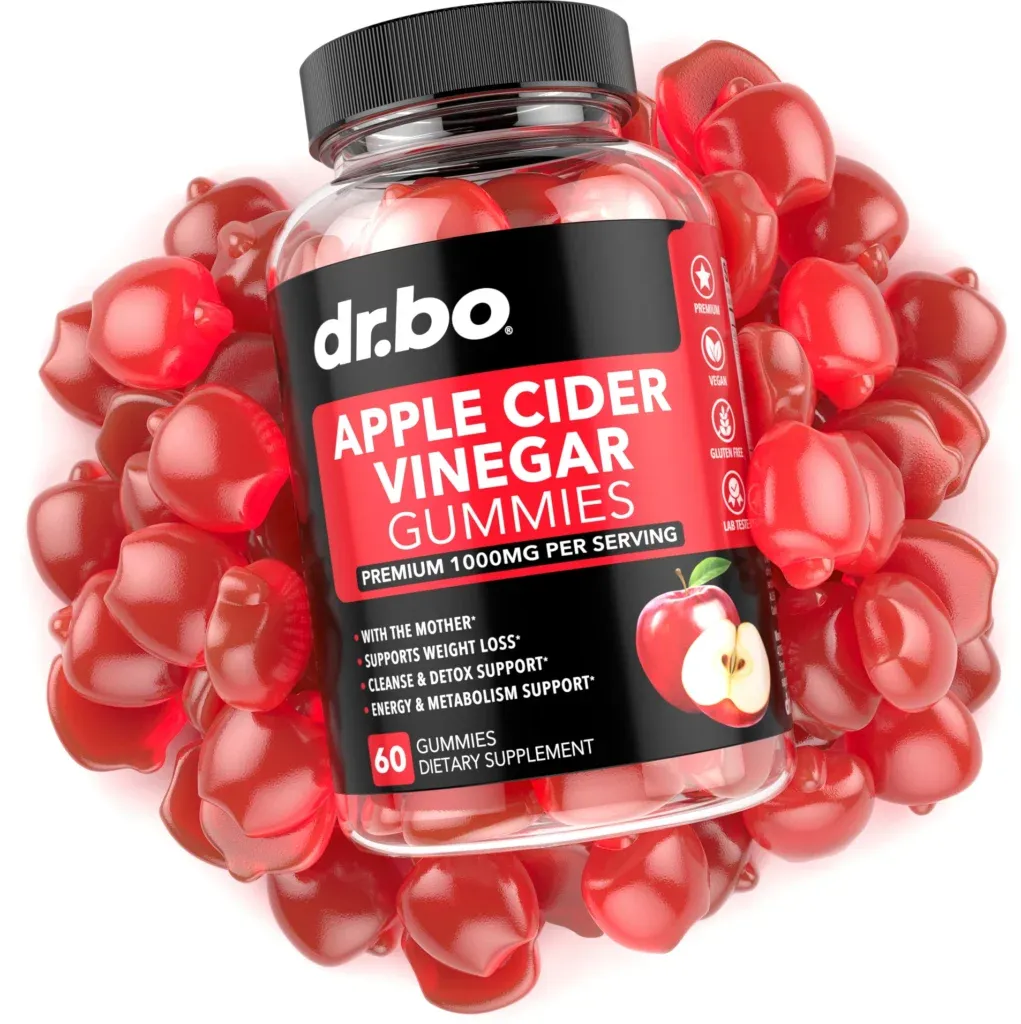 3D rendering packaging of Dr. Bo Apple Cider Vinegar gummies bottle surrounded by realistic red gummy supplements.