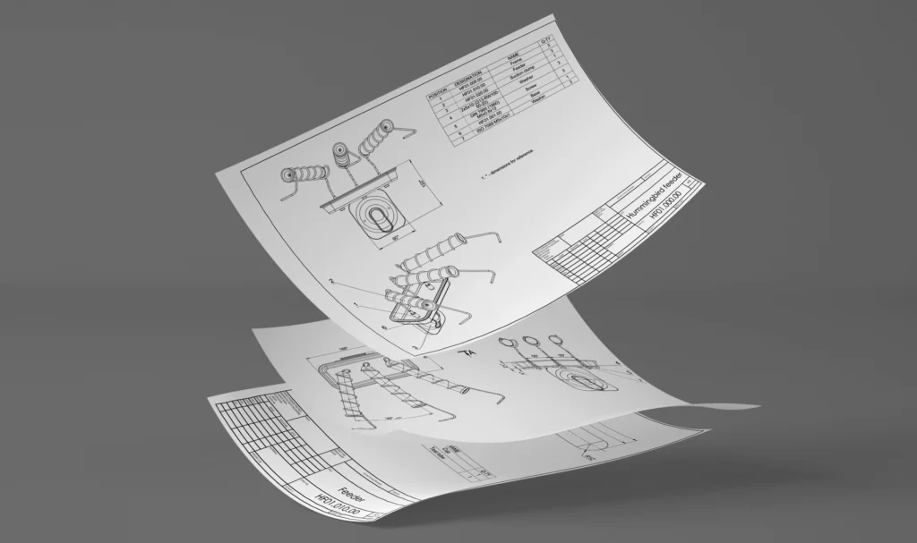 A 3D render of technical engineering blueprint sheets floating mid-air against a solid gray background, displaying dimensional drawings and a bill of materials for the hummingbird feeder design.