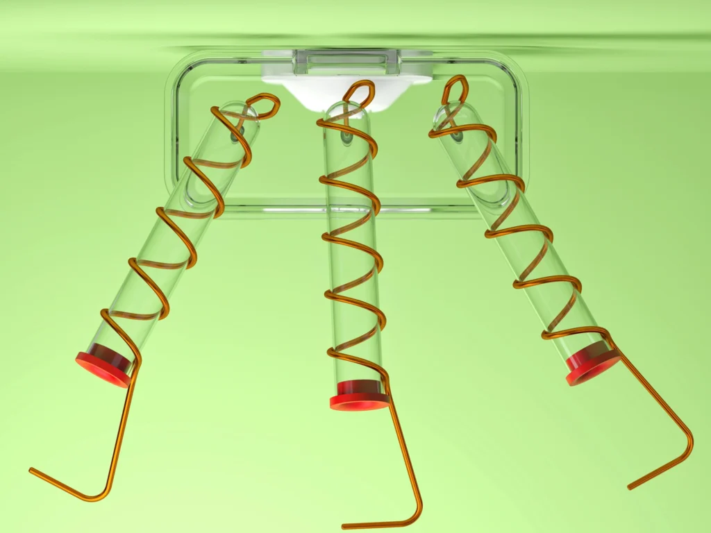 A bird's-eye view 3D product render of the hummingbird feeder, looking down at three copper-coiled glass tubes projecting outwards from a clear rectangular tray over a solid green background.