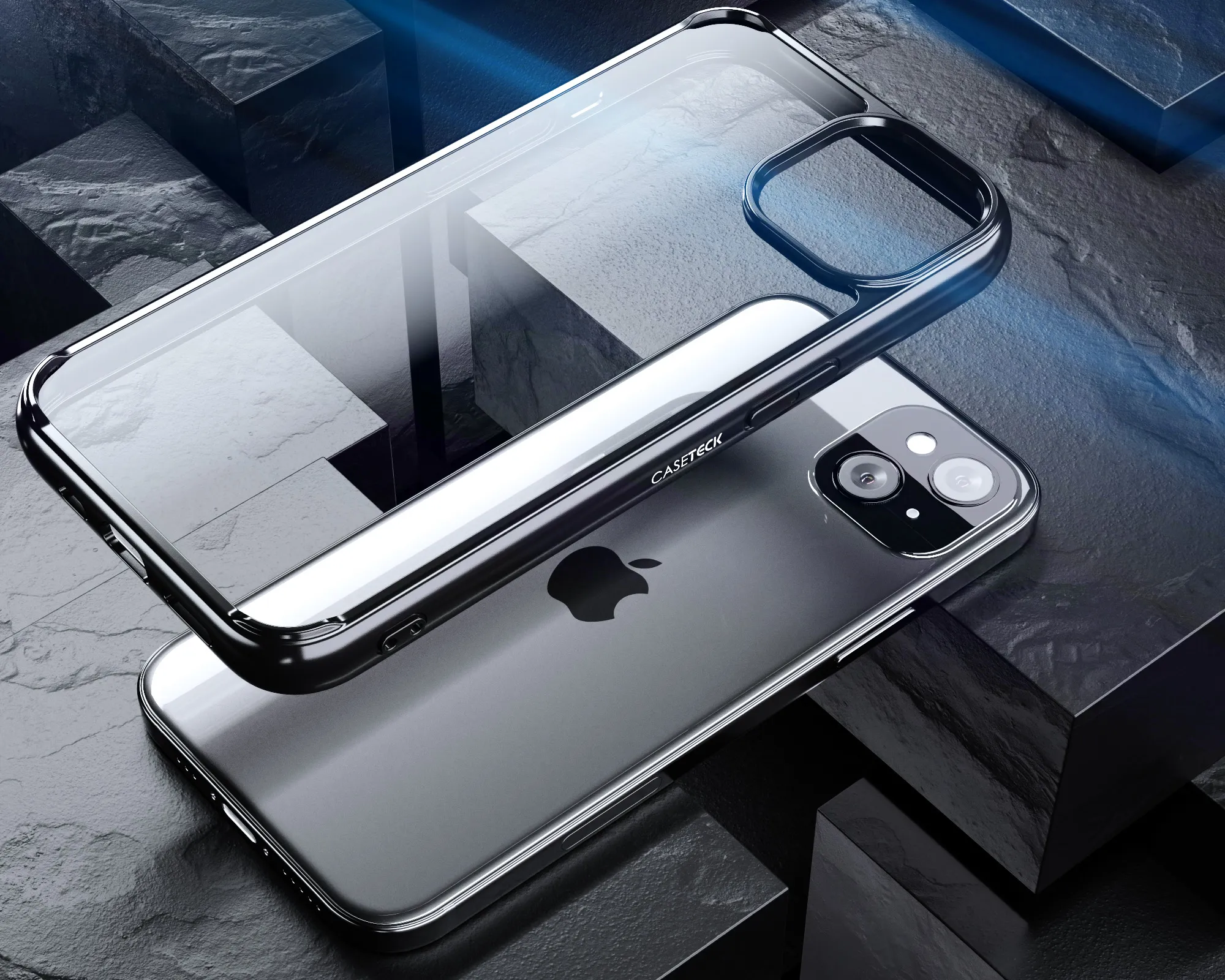 Clear 3D rendering and visualization for iPhone case featuring a black glossy bumper frame hovering over a space gray iPhone on dark textured stone blocks with blue lighting.