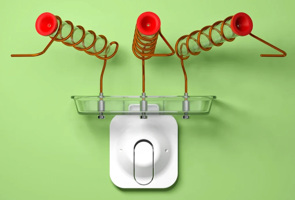 A top-down, symmetrical 3D product render of a wall-mounted hummingbird feeder with three glass nectar tubes extending outward in a fan layout, wrapped in copper wiring on a solid green background.