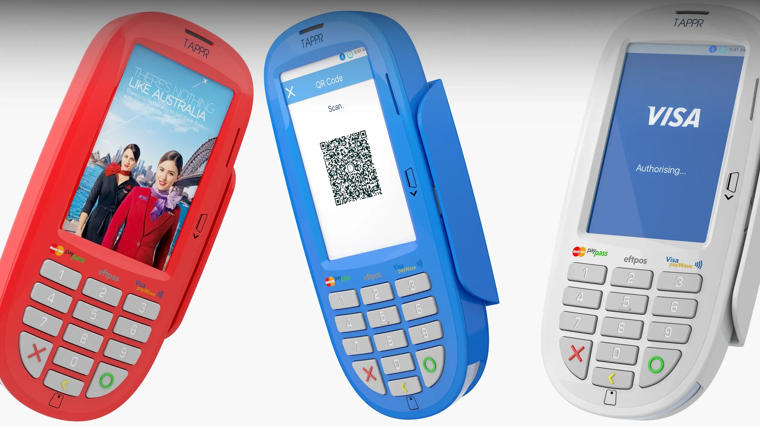 Three portable payment terminals displaying card payment, QR code scanning, and contactless payment screens.