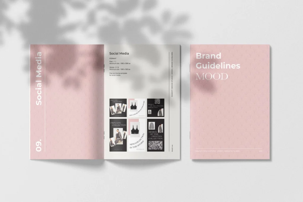 Flat lay mockup of the Mood Brand Guidelines book cover and inner page spread detailing social media design templates with a pink geometric fan pattern and overlapping leaf shadows.