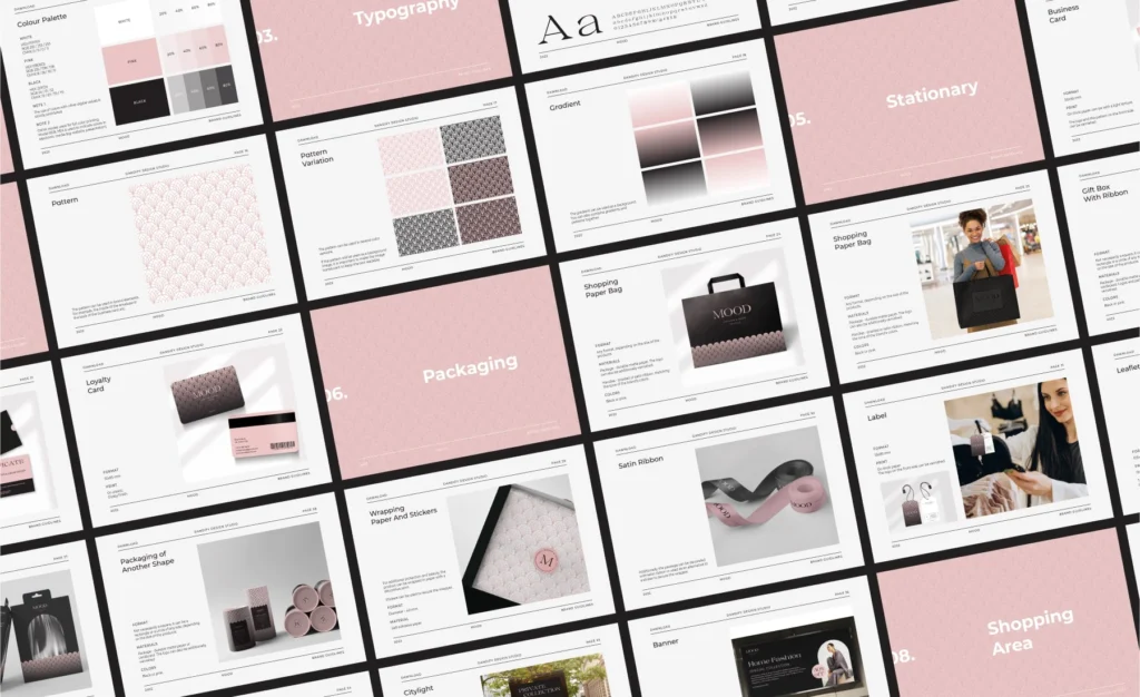 A comprehensive corporate brand style guide grid layout for Mood, featuring a pink and black color palette, typography, patterns, stationary mockups, shopping bags, and product packaging design.