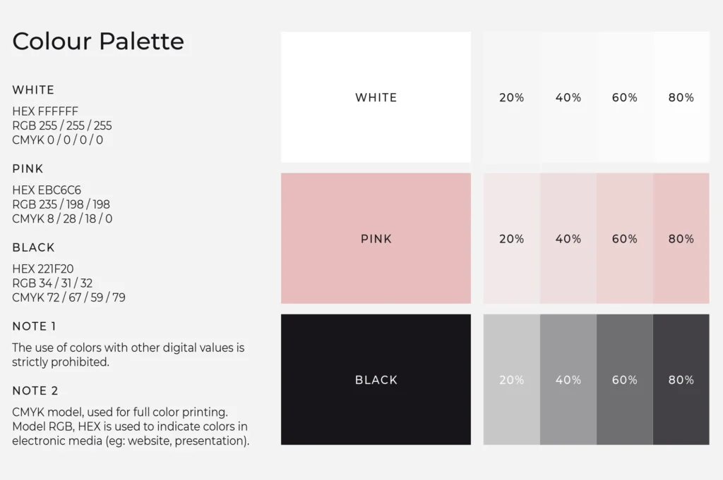 Corporate brand color palette specification sheet for Mood logo design, featuring White, Pink, and Black swatches with detailed HEX, RGB, and CMYK digital values and opacity percentages.