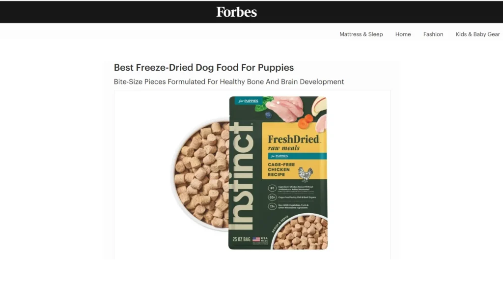 Forbes article layout featuring 3D packaging visualization for FreshDried Cage-Free Chicken Recipe puppy dog food.