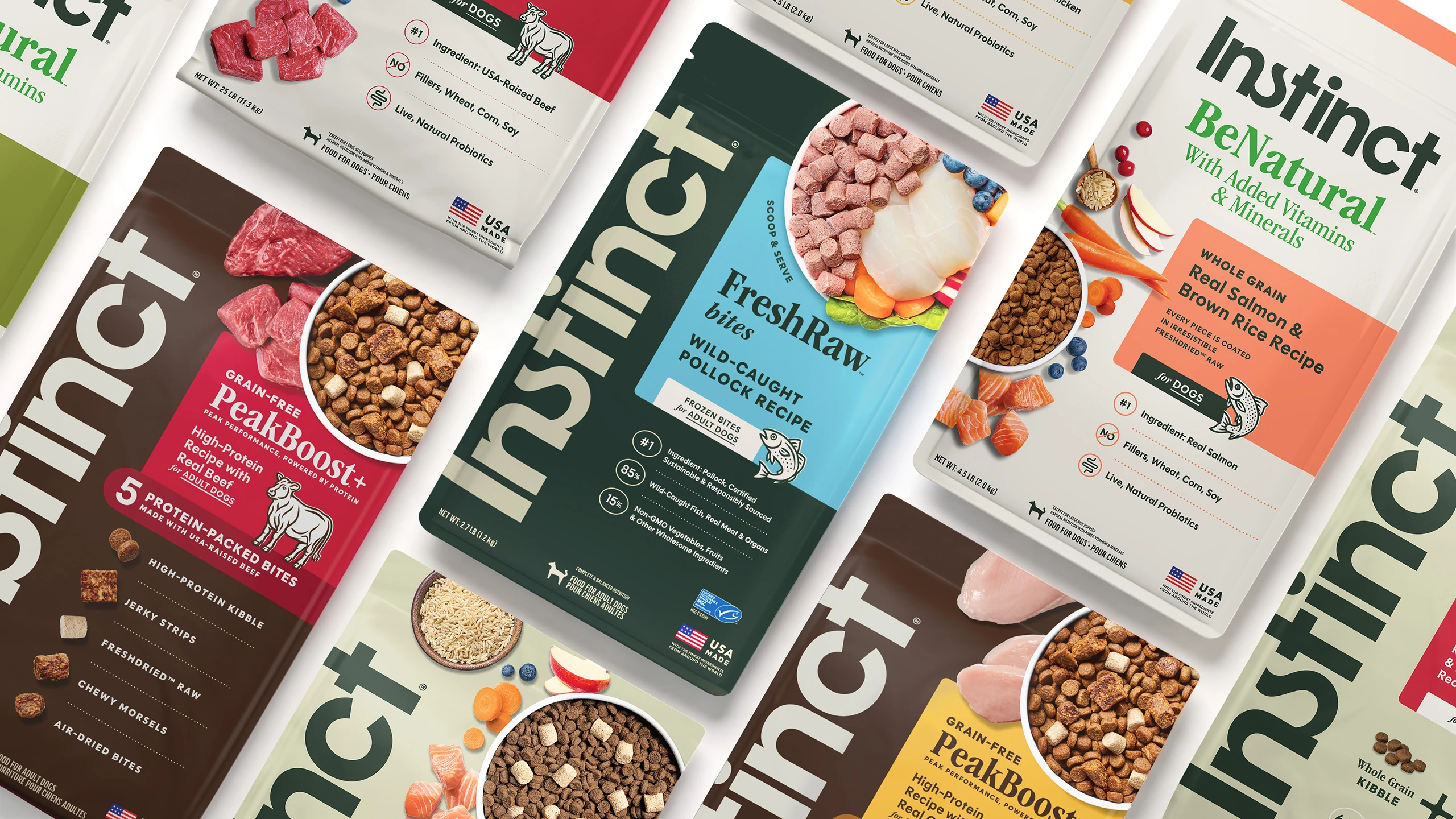 Dandify Design Studio portfolio showcase of Instinct pet food packaging visualization at catalog scale, featuring dog food bags like PeakBoost, FreshRaw, and BeNatural recipes.